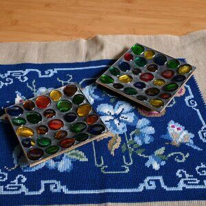 VTG 60s Daysun Japan Art Glass Mosaic Tray Set (2) MCM Mad Men Wall Plate Decor